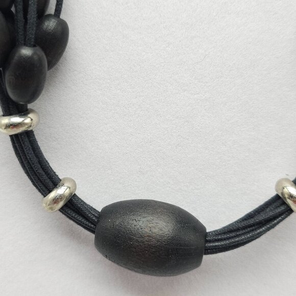 Black Wooden Bead Multi Strand Necklace With Silver Tone Accents - Picture 3 of 5